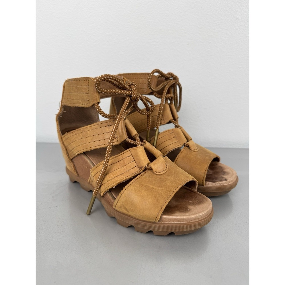 Sorel Joanie II Wedge Heel Sandals Womens 6.5 Strappy Stretch Zip Brown Leather